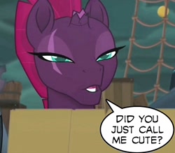 Size: 916x804 | Tagged: safe, edit, edited screencap, screencap, character:tempest shadow, species:pony, species:unicorn, my little pony: the movie (2017), broken horn, dialogue, eye scar, female, horn, i'm not cute, mare, open mouth, pretty pretty tempest, scar, solo, speech bubble