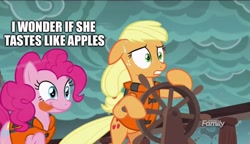 Size: 1600x922 | Tagged: safe, edit, edited screencap, screencap, character:applejack, character:pinkie pie, species:earth pony, species:pony, ship:applepie, episode:p.p.o.v. (pony point of view), g4, my little pony: friendship is magic, caption, discovery family logo, duo, female, hatless, image macro, imminent licking, lesbian, lifejacket, mare, missing accessory, pinkie derp, shipping, storm, text, tongue out