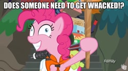 Size: 1600x884 | Tagged: safe, edit, edited screencap, screencap, character:pinkie pie, episode:p.p.o.v. (pony point of view), g4, my little pony: friendship is magic, caption, death threat, discovery family logo, female, image macro, pinkie derp, solo, stick, text, threat