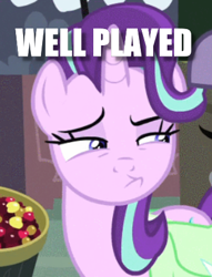 Size: 336x439 | Tagged: safe, edit, edited screencap, screencap, character:starlight glimmer, species:pony, species:unicorn, episode:rock solid friendship, g4, my little pony: friendship is magic, caption, cropped, female, image macro, mare, solo, text, well played
