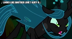 Size: 906x500 | Tagged: safe, edit, edited screencap, screencap, character:queen chrysalis, species:changeling, species:pony, episode:the mean 6, g4, my little pony: friendship is magic, angry, caption, changeling queen, charge, female, image macro, love t-k-o, solo, song reference, teddy pendergrass, text