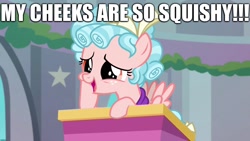 Size: 1920x1080 | Tagged: safe, edit, edited screencap, screencap, character:cozy glow, species:pegasus, species:pony, episode:school raze, g4, my little pony: friendship is magic, caption, cheeks, excessive exclamation marks, female, filly, image macro, squishy cheeks, text