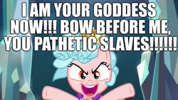 Size: 1920x1080 | Tagged: safe, edit, edited screencap, screencap, character:cozy glow, species:pegasus, species:pony, episode:school raze, g4, my little pony: friendship is magic, caption, excessive exclamation marks, female, filly, goddess, image macro, text