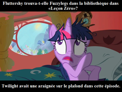 Size: 640x480 | Tagged: safe, edit, edited screencap, screencap, character:twilight sparkle, episode:lesson zero, g4, my little pony: friendship is magic, clock, french, golden oaks library, insanity, messy mane, pun, sanity slippage, text, translated in the description, twilight snapple