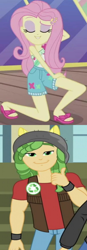 Size: 466x1332 | Tagged: safe, edit, screencap, character:flash sentry, character:fluttershy, character:sandalwood, equestria girls:friendship games, g4, my little pony: equestria girls, my little pony:equestria girls, spoiler:eqg series (season 2), clothing, cropped, female, male, offscreen character, right there in front of me, sandals, sandalshy, shipping, shipping domino, shorts, shoulderless, straight