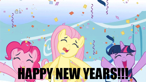 Size: 500x281 | Tagged: safe, edit, edited screencap, screencap, character:fluttershy, character:pinkie pie, character:twilight sparkle, episode:sonic rainboom, g4, my little pony: friendship is magic, season 1, animated, cheering, confetti, eyes closed, happy, happy new year, image macro, jumping, meme, new year, open mouth, smiling, spread wings, wings