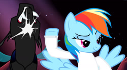 Size: 1951x1087 | Tagged: safe, edit, edited screencap, screencap, character:rainbow dash, species:changeling, species:pegasus, species:pony, episode:do princesses dream of magic sheep?, cropped, lidded eyes, punch, rainbow factory dash, smiling, smirk, smug