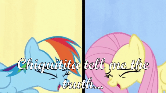 Size: 544x306 | Tagged: safe, edit, edited screencap, screencap, character:fluttershy, character:rainbow dash, species:pony, episode:flutter brutter, g4, my little pony: friendship is magic, abba, animated, chiquitita, duo, eyes closed, gif, hoof on chest, lyrics, singing, song reference, text