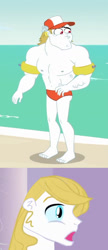 Size: 507x1171 | Tagged: safe, edit, edited screencap, screencap, character:bulk biceps, character:prince blueblood, episode:turf war, g4, my little pony: equestria girls, my little pony:equestria girls, barefoot, clothing, cropped, equestria girls-ified, feet, gay, hat, male, partial nudity, speedo