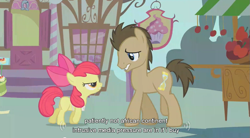 Size: 853x472 | Tagged: safe, edit, edited screencap, screencap, character:apple bloom, character:doctor whooves, character:time turner, species:earth pony, species:pony, episode:call of the cutie, g4, my little pony: friendship is magic, apron, caption, clothing, duo, female, filly, male, stallion, youtube caption