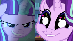 Size: 1258x720 | Tagged: safe, edit, screencap, character:starlight glimmer, episode:the cutie map, equestria girls:mirror magic, g4, my little pony: equestria girls, my little pony: friendship is magic, my little pony:equestria girls, spoiler:eqg specials, comparison, cute, evil, evil grin, glimmerbetes, glimmie, grin, redemption, s5 starlight, smiling