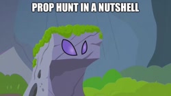 Size: 1600x900 | Tagged: safe, edit, edited screencap, screencap, character:pharynx, episode:to change a changeling, g4, my little pony: friendship is magic, caption, disguise, disguised changeling, image macro, in a nutshell, meme, obligatory pony, prop hunt, rock, text