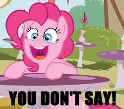 Size: 677x592 | Tagged: safe, edit, edited screencap, screencap, character:pinkie pie, species:earth pony, species:pony, episode:too many pinkie pies, g4, my little pony: friendship is magic, cropped, faec, female, mare, meme, nicolas cage, open mouth, sitting, solo, table, you don't say