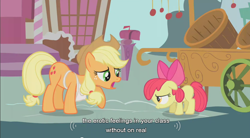 Size: 854x472 | Tagged: safe, edit, edited screencap, screencap, character:apple bloom, character:applejack, species:earth pony, species:pony, episode:call of the cutie, g4, my little pony: friendship is magic, apron, caption, clothing, duo, duo female, female, filly, floppy ears, frown, mare, raised hoof, sad, solo, youtube caption