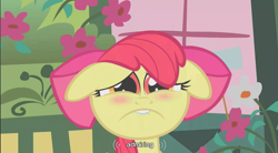 Size: 855x471 | Tagged: safe, edit, edited screencap, screencap, character:apple bloom, species:earth pony, species:pony, episode:call of the cutie, g4, my little pony: friendship is magic, caption, faec, female, filly, floppy ears, lip bite, solo, youtube caption
