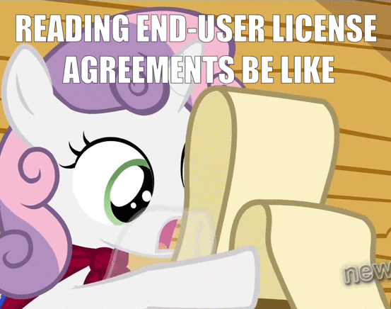 Size: 553x436 | Tagged: safe, edit, edited screencap, screencap, character:sweetie belle, species:pony, episode:one bad apple, g4, my little pony: friendship is magic, animated, caption, cropped, end-user license agreement, female, gif, image macro, reading, solo, text