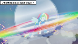 Size: 1280x720 | Tagged: safe, edit, edited screencap, screencap, character:rainbow dash, episode:guitar centered, episode:sonic rainboom, equestria girls:rainbow rocks, g4, my little pony: equestria girls, my little pony: friendship is magic, my little pony:equestria girls, allspark, allspark animation, allspark pictures, dhx media, guitar, hasbro, hasbro studios, intro, lyrics, magic school bus, music notes, nelvana, opening credits, opening theme, scholastic, solo, song reference, text, text box, theme song, theme songs, transformation, wildbrain