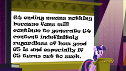 Size: 1270x714 | Tagged: safe, edit, edited screencap, screencap, character:twilight sparkle, character:twilight sparkle (alicorn), species:alicorn, species:pony, episode:the cutie re-mark, discovery family logo, exploitable, exploitable meme, female, g5 drama, mare, meme, op has a point, op is right, presentation, projection, solo, text, the end is neigh, twilight sparkle's presentation, twilight sparkle's slide, wall of text