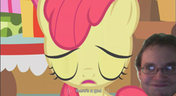 Size: 857x471 | Tagged: safe, edit, edited screencap, screencap, character:apple bloom, species:earth pony, species:human, species:pony, doyen-sotiris, eyes closed, female, filly, god, human male, male, youtube caption