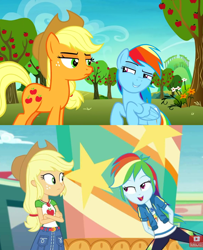 Size: 1158x1423 | Tagged: safe, edit, screencap, character:applejack, character:rainbow dash, species:earth pony, species:pegasus, species:pony, episode:grannies gone wild, equestria girls:rollercoaster of friendship, g4, my little pony: equestria girls, my little pony: friendship is magic, my little pony:equestria girls, season 8, spoiler:s08, applejack's hat, clothing, cowboy hat, cutie mark, faec, female, geode of super speed, geode of super strength, hat, magical geodes, mare, smug, smugdash, wings