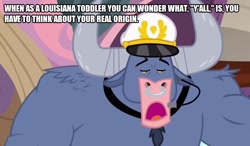 Size: 858x500 | Tagged: safe, edit, edited screencap, screencap, character:iron will, species:minotaur, episode:once upon a zeppelin, g4, my little pony: friendship is magic, caption, horn, image macro, male, microphone, solo, talking, text