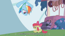 Size: 852x474 | Tagged: safe, edit, edited screencap, screencap, character:apple bloom, character:rainbow dash, species:earth pony, species:pegasus, species:pony, episode:call of the cutie, g4, my little pony: friendship is magic, caption, duo, duo female, female, filly, mare, youtube caption