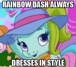 Size: 400x350 | Tagged: safe, edit, edited screencap, screencap, character:rainbow dash (g3), character:toola roola (g3), species:earth pony, species:pony, g3, g3.5, artifact, clothing, female, filly, hat, image macro, meme, rainbow dash always dresses in style, scarf, text