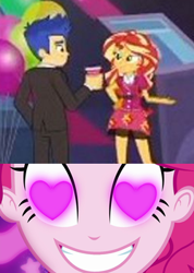 Size: 250x352 | Tagged: safe, edit, edited screencap, screencap, character:flash sentry, character:sunset shimmer, ship:flashimmer, episode:coinky-dink world, episode:twilight under the stars, eqg summertime shorts, g4, my little pony: equestria girls, my little pony:equestria girls, spoiler:eqg series (season 2), female, male, meme, pinkie's eyes, shipping, straight