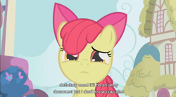 Size: 854x471 | Tagged: safe, edit, edited screencap, screencap, character:apple bloom, species:earth pony, species:pony, episode:call of the cutie, g4, my little pony: friendship is magic, caption, female, filly, sad, solo, youtube caption