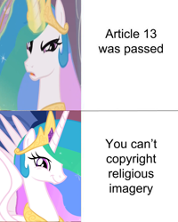 Size: 575x719 | Tagged: safe, edit, edited screencap, screencap, character:princess celestia, species:pony, episode:the crystal empire, episode:the return of harmony, g4, my little pony: friendship is magic, :t, angry, article 13, copyright, european union, faec, loophole, meme, smiling, smirk, spread wings, twiface, wings