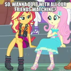 Size: 600x597 | Tagged: safe, edit, edited screencap, screencap, character:fluttershy, character:sunset shimmer, ship:sunshyne, episode:overpowered, g4, my little pony: equestria girls, my little pony:equestria girls, bedroom eyes, caption, female, impact font, implied exhibitionism, implied sex, innuendo, lesbian, shipping