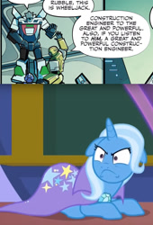 Size: 950x1398 | Tagged: safe, edit, edited screencap, screencap, character:trixie, episode:a matter of principals, g4, my little pony: friendship is magic, season 8, spoiler:s08, spoilers for another series, bumblebee, crossover, great and powerful, idw transformers, rubble, there can be only one, transformers, trixie is not amused, unamused, wheeljack, wrong franchise