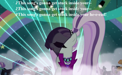 Size: 1053x648 | Tagged: safe, edit, edited screencap, screencap, character:coloratura, character:countess coloratura, character:limelight, character:smooth move, character:spectrum shades, episode:the mane attraction, g4, my little pony: friendship is magic, spoiler:the lego movie 2: the second part, spoilers for another series, background dancers, catchy song, cropped, lego, lyrics, song reference, text, the lego movie 2: the second part, this song's gonna get stuck inside your head, turbo bass, veil
