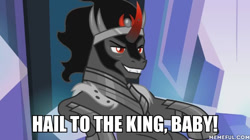 Size: 600x337 | Tagged: safe, edit, edited screencap, screencap, character:king sombra, species:pony, species:unicorn, episode:the beginning of the end, g4, my little pony: friendship is magic, duke nukem, evil dead, impact font, lounging, male, solo, stallion, stupid sexy sombra