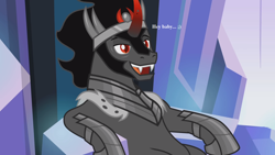 Size: 1920x1080 | Tagged: safe, edit, edited screencap, screencap, character:king sombra, species:pony, species:unicorn, episode:the beginning of the end, g4, my little pony: friendship is magic, armor, bedroom eyes, cape, clothing, crown, crystal, dialogue, flirty, lounging, male, red eyes, red horn, sharp teeth, solo, stallion, stupid sexy sombra, teeth, throne