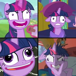 Size: 1451x1451 | Tagged: safe, edit, screencap, character:twilight sparkle, character:twilight sparkle (alicorn), character:twilight sparkle (unicorn), species:alicorn, species:pony, species:unicorn, episode:a health of information, episode:best gift ever, episode:lesson zero, episode:starlight the hypnotist, g4, my little pony: friendship is magic, spoiler:interseason shorts, bed, crazy face, faec, female, floppy ears, golden oaks library, insanity, mare, non stick pans, pillow, pudding face, solo, twilight hates ladybugs, twilight snapple, twilight sparkle is best facemaker, twilynanas