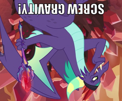 Size: 700x578 | Tagged: safe, edit, edited screencap, screencap, character:gaius, episode:the hearth's warming club, g4, my little pony: friendship is magic, bloodstone scepter, dragon crown, dragon lord, male, open mouth, screw gravity, text, trap, upside down, upside down text