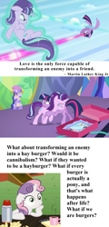 Size: 1920x4008 | Tagged: safe, edit, edited screencap, screencap, character:starlight glimmer, character:sweetie belle, character:twilight sparkle, character:twilight sparkle (alicorn), species:alicorn, species:pony, episode:celestial advice, episode:the cutie re-mark, g4, my little pony: friendship is magic, burger, cloud, crying, cushion, cute, dodge, duel, emotional, eyes closed, fight, flying, food, friendship, glare, gritted teeth, hay burger, hug, laser, levitation, love, magic, magic beam, magic blast, mirror, painting, pedestal, photos, present, quote, ribbon, self-levitation, smiling, snuggling, student, teacher, tears of joy, telekinesis, text, twilight's castle