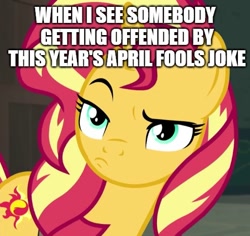 Size: 513x484 | Tagged: safe, edit, edited screencap, screencap, character:sunset shimmer, annoyed, april fools, april fools 2019, april fools joke, caption, image macro, meme, not amused face, reaction image, sunset shimmer is not amused, text, unamused