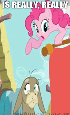 Size: 245x400 | Tagged: safe, edit, edited screencap, screencap, character:cranky doodle donkey, character:pinkie pie, species:donkey, species:earth pony, species:pony, episode:a friend in deed, g4, my little pony: friendship is magic, animated, astartes pattern baldness, cropped, ponyville