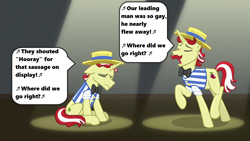 Size: 1280x720 | Tagged: safe, edit, edited screencap, screencap, character:flam, character:flim, episode:friendship university, g4, my little pony: friendship is magic, season 8, spoiler:s08, dialogue, flim flam brothers, gone horribly right, implied gay, leo bloom, lyrics, max bialystock, music notes, sad, singing, song reference, speech bubble, spotlight, stage, text, the producers, where did we go right