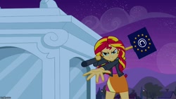 Size: 888x500 | Tagged: safe, edit, edited screencap, screencap, character:sunset shimmer, equestria girls:equestria girls, g4, my little pony: equestria girls, my little pony:equestria girls, april fools, april fools 2019, article 13, clothing, evil grin, female, glare, grin, hammer, looking at you, meta, reaching, skirt, smiling, smirk, solo, statue