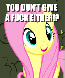 Size: 429x519 | Tagged: safe, edit, edited screencap, screencap, character:fluttershy, species:pegasus, species:pony, episode:the return of harmony, g4, my little pony: friendship is magic, caption, cropped, exclamation point, female, image macro, interrobang, no fucks, question, question mark, solo, text, vulgar