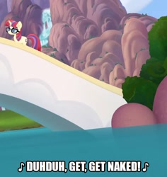 Size: 472x500 | Tagged: safe, edit, edited screencap, screencap, character:moondancer, species:pony, my little pony: the movie (2017), bridge, caption, get naked, image macro, methods of mayhem, nudity, song reference, text