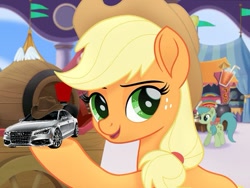 Size: 621x467 | Tagged: safe, edit, edited screencap, screencap, character:applejack, species:earth pony, species:pony, my little pony: the movie (2017), applejack's hat, audi, background pony, canterlot, car, cart, clothing, cowboy hat, cropped, female, friendship festival, hat, howdy, mare, market, meme, pun, shitposting, solo focus, unnamed pony, visual gag