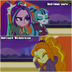 Size: 1000x1000 | Tagged: safe, edit, edited screencap, screencap, character:adagio dazzle, character:aria blaze, character:sonata dusk, my little pony:equestria girls, caption, comic, diner, eating, female, food, image macro, text, the dazzlings