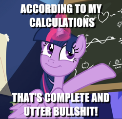 Size: 865x844 | Tagged: safe, edit, edited screencap, screencap, character:twilight sparkle, character:twilight sparkle (alicorn), species:alicorn, species:pony, episode:the hooffields and mccolts, g4, my little pony: friendship is magic, bullshit, caption, chalkboard, cropped, female, image macro, reaction image, solo, text, vulgar