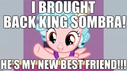 Size: 1920x1080 | Tagged: safe, edit, edited screencap, screencap, character:cozy glow, character:king sombra, species:pegasus, species:pony, episode:school raze, episode:the beginning of the end, g4, my little pony: friendship is magic, season 9, caption, cozy glow's true goal, excessive exclamation marks, female, filly, foal, image macro, implied king sombra, pure concentrated unfiltered evil of the utmost potency, pure unfiltered evil, solo, text, wrong