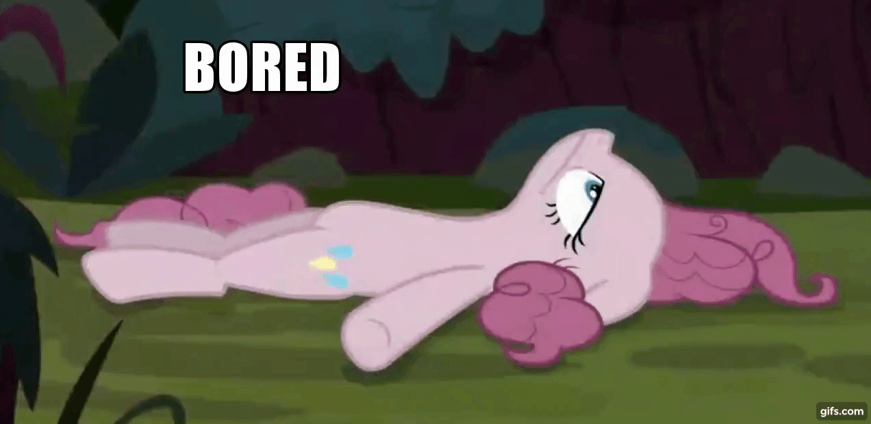 Size: 1272x620 | Tagged: safe, edit, edited screencap, screencap, character:mean pinkie pie, species:pony, episode:the mean 6, g4, my little pony: friendship is magic, animated, bored, boring, caption, clone, elongated body, forest, gif, gifs.com, image macro, on the floor, solo, text, tired
