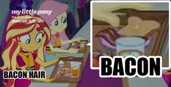 Size: 1408x723 | Tagged: safe, edit, edited screencap, screencap, character:fluttershy, character:sunset shimmer, equestria girls:spring breakdown, g4, my little pony: equestria girls, my little pony:equestria girls, spoiler:eqg series (season 2), bacon, bacon hair, food, meat